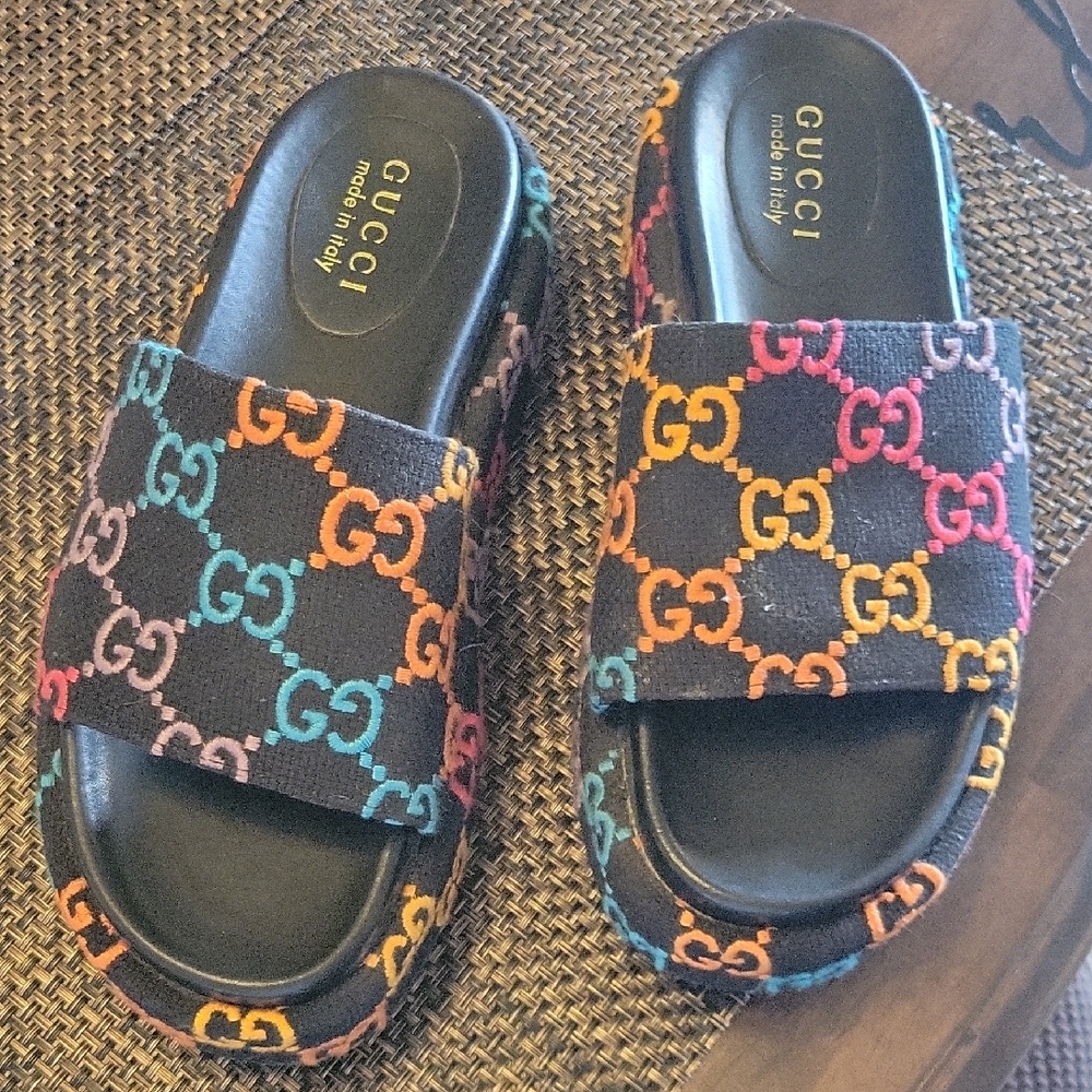 Gucci Black Slides with Colorful GG Pattern